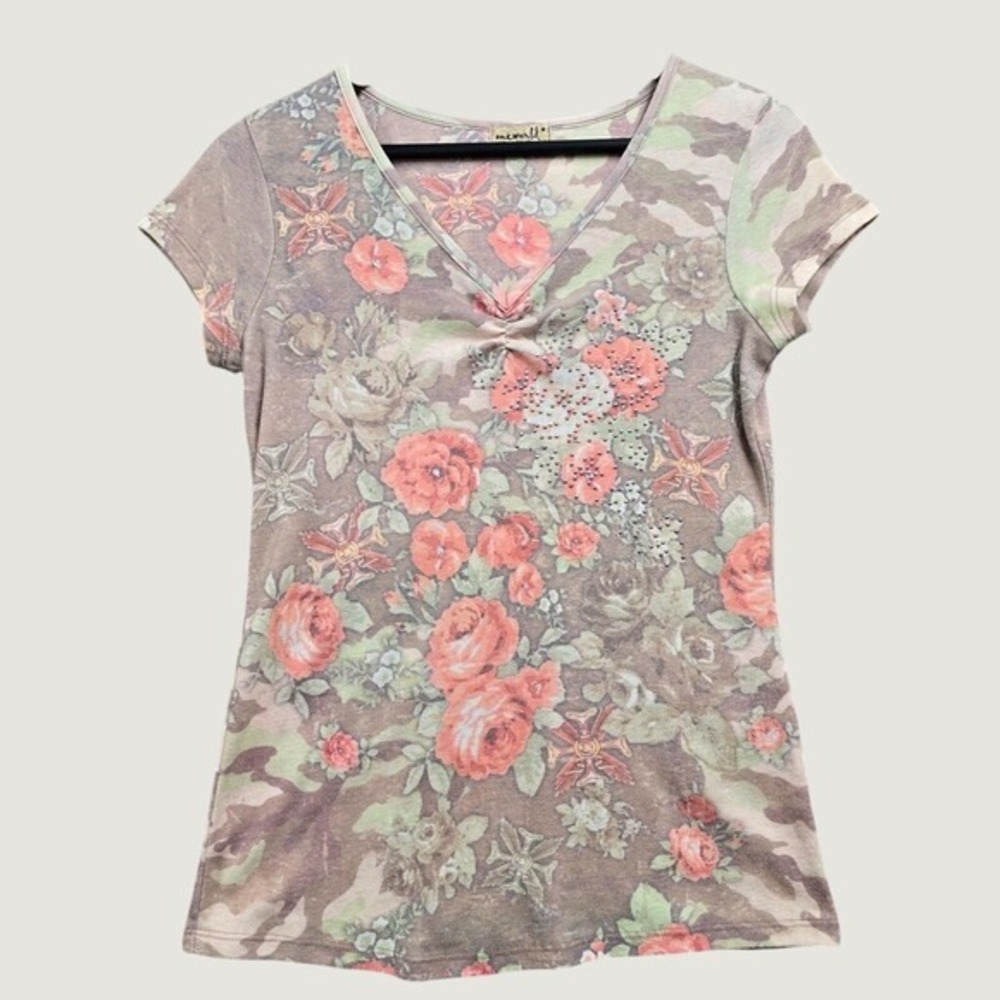 One World Floral Camo V-Neck Top Womens M‎ Brown Rhinestone Y2K Grunge Boho